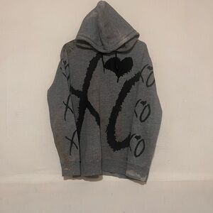 H&M XO The Weeknd Graphic Pullover Hoodie Sweater Men's Small Gray Rare Distress
